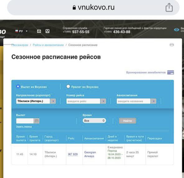На сайте российского аэропорта Внуково появился прямой рейс из России в Грузию